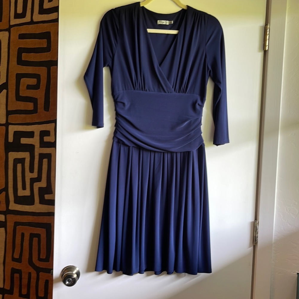 Eliza J navy blue stretch dress with ruched waist. So flattering